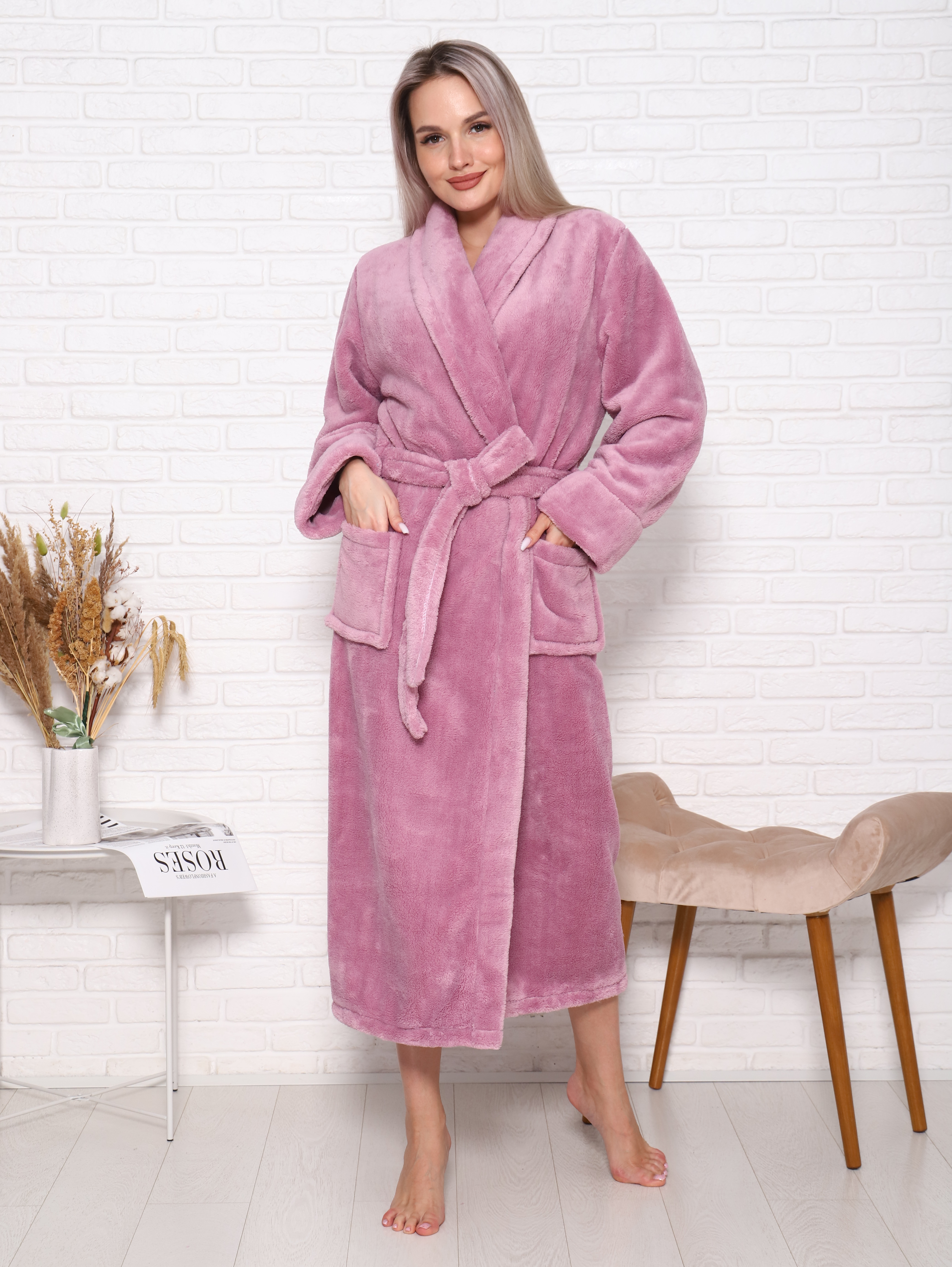 Халат велсофт длинный шаль ХВ-001 лиловый