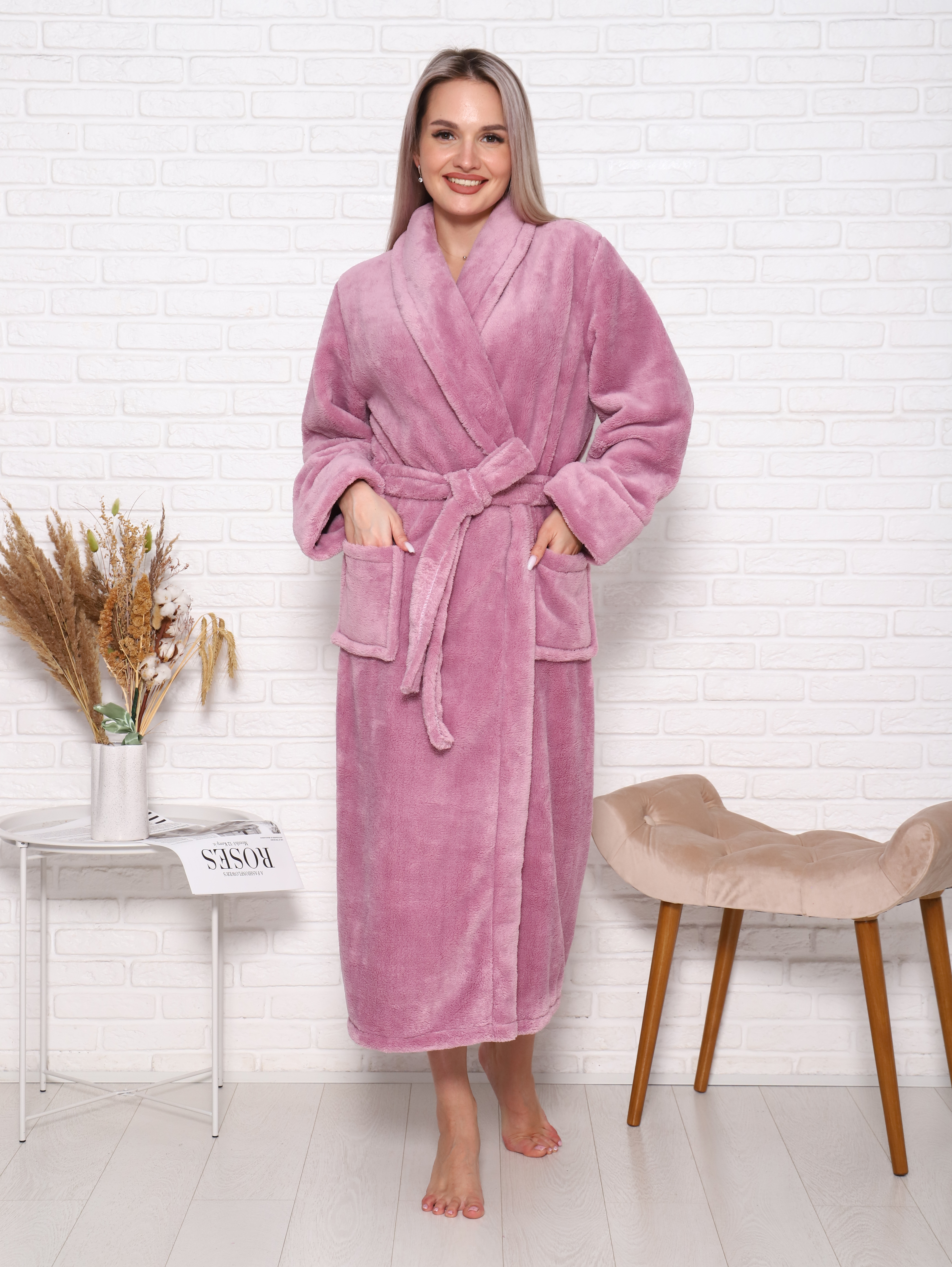 Халат велсофт длинный шаль ХВ-001 лиловый