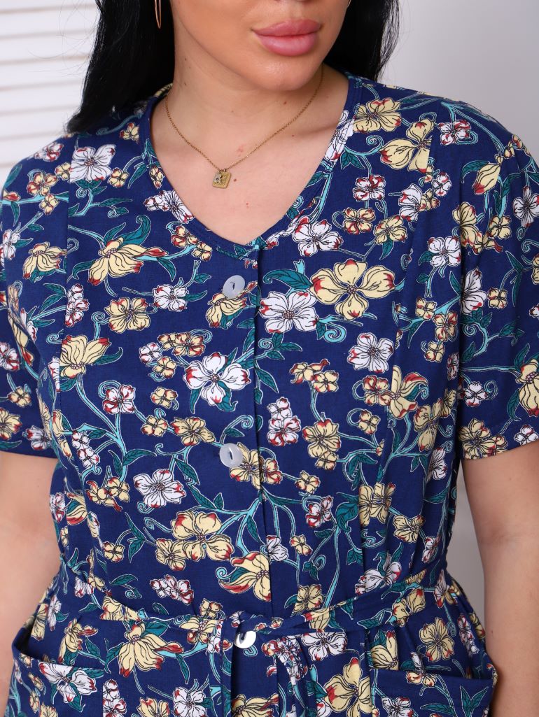 Халат кулирка на пуговицах ХТ-014 синий с желтым