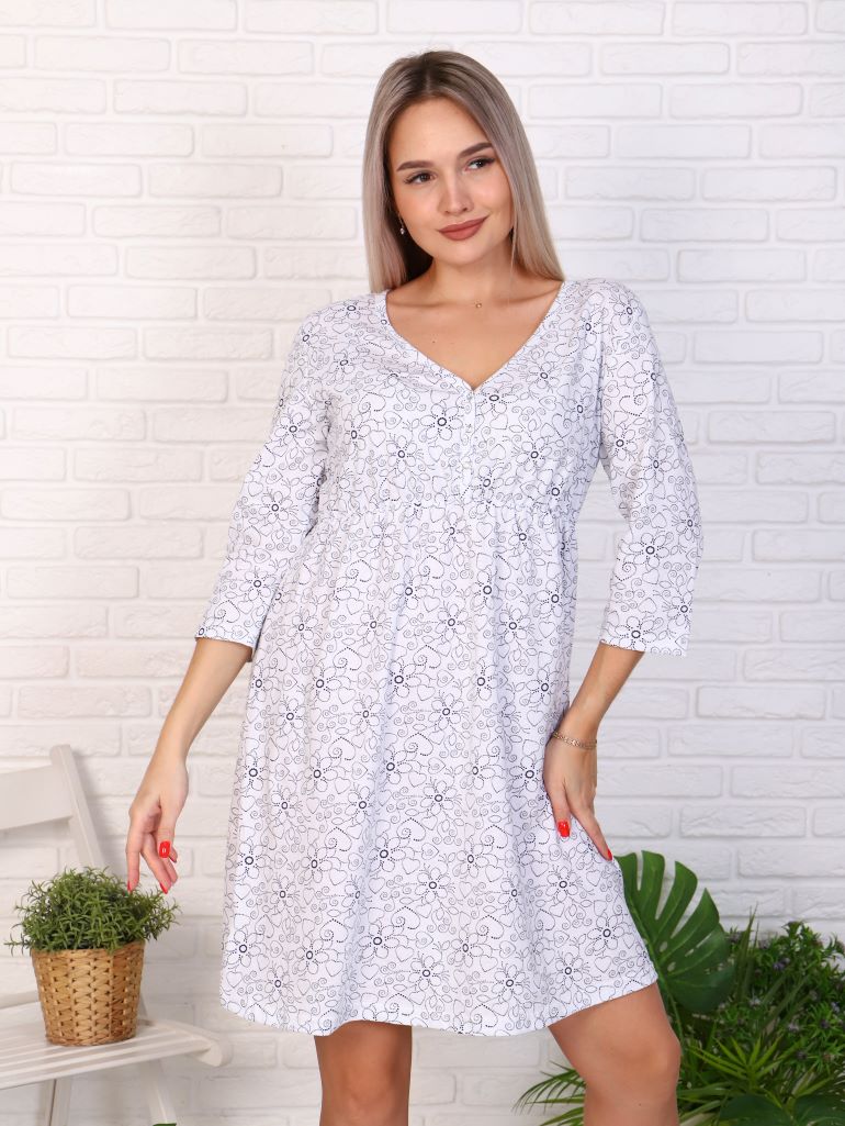 Сорочка кулирка с рукавом "ЕВА-2" С-609 цветы на белом