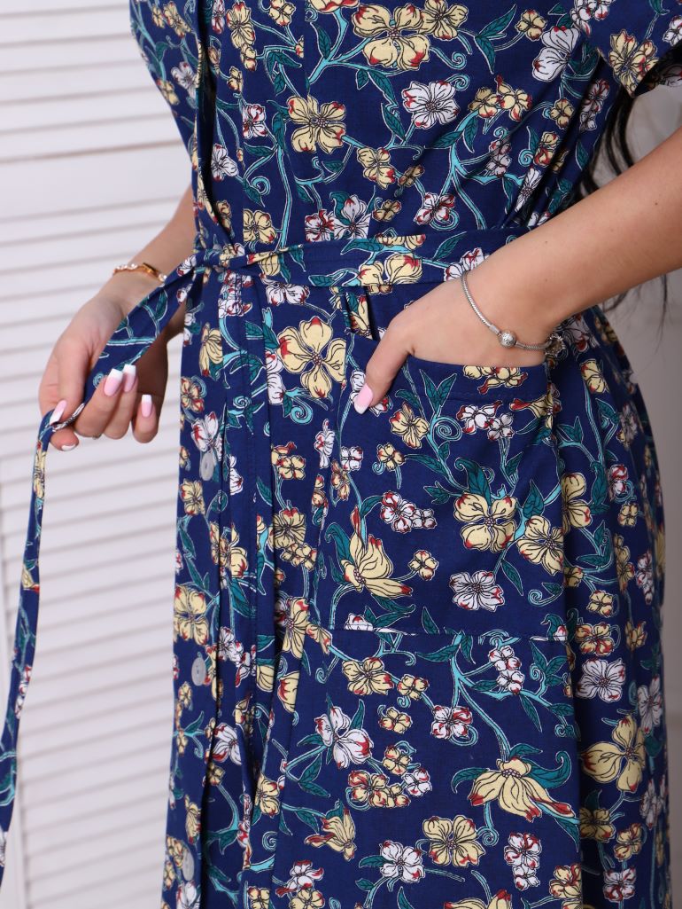 Халат кулирка на пуговицах ХТ-014 синий с желтым